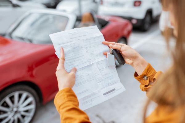 PKW-Unfallgutachten – Leasing 600 x 400 Übergabe von Fahrzeugpapieren und Autoschlüssel vor einem roten Cabrio