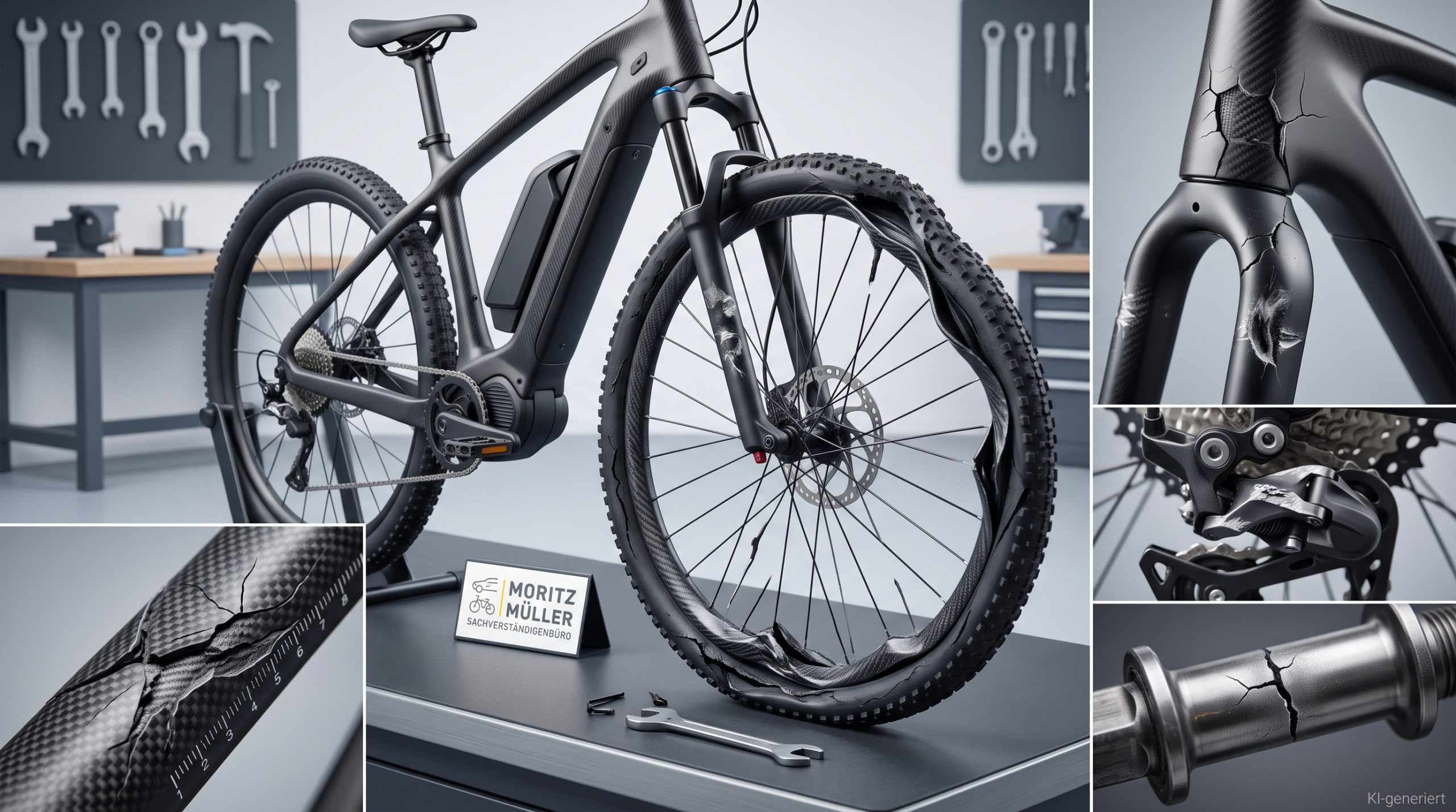 E-Bike vor einer Werkstattwand, daneben Detailansichten von Rahmen und Komponenten (KI-generiertes Symbolbild)